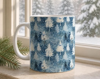 Winter Wonderland Ceramic Mug, Blue and White Pine Trees Coffee Cup, Christmas Gift, Holiday Mug, Snowy Scene Tea Mug, Winter Home Decor,