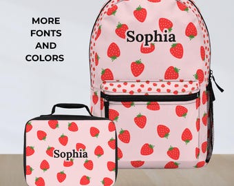 Personalized Strawberry School Set Matching Backpack Lunch Box for School Girl Bag with Name Custom Design Fruit Pattern Daypack Cute Gift