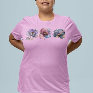 Bohemian Flower Tshirt Watercolor Design Botanical Artwork Floral Pattern Delicate Blooms Purple Blue Accents Cottagecore Aesthetic Feminine Fashion Trendy Apparel Garden Inspired Nature Theme Beautiful Illustration Comfortable Cotton