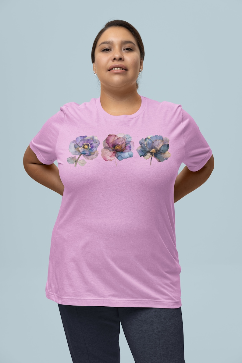 Bohemian Flower Tshirt Watercolor Design Botanical Artwork Floral Pattern Delicate Blooms Purple Blue Accents Cottagecore Aesthetic Feminine Fashion Trendy Apparel Garden Inspired Nature Theme Beautiful Illustration Comfortable Cotton