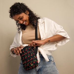 Personalized Cherry Crossbody Bag Custom Name & Initials Black Shoulder Bag with Red Cherries Monogram Purse with Inside Name Girls Bag