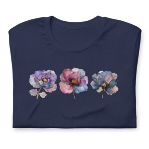 Cottagecore Aesthetic Feminine Fashion Bohemian Flower Tshirt Watercolor Design Beautiful Illustration Delicate Blooms Purple Blue Accents Gold Detail Garden Inspired Nature Theme Trendy Apparel Comfortable Cotton Fabric Everyday Wear