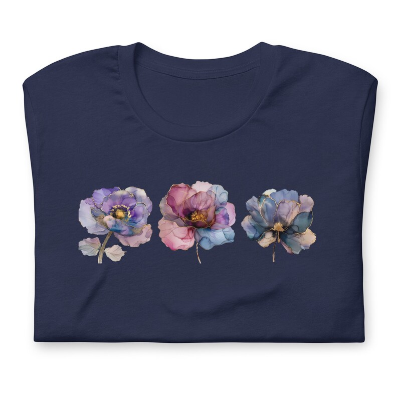 Cottagecore Aesthetic Feminine Fashion Bohemian Flower Tshirt Watercolor Design Beautiful Illustration Delicate Blooms Purple Blue Accents Gold Detail Garden Inspired Nature Theme Trendy Apparel Comfortable Cotton Fabric Everyday Wear