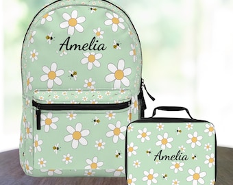 Personalized Floral Backpack Lunchbox Set Teen Girl Retro Backpack Kids Backpack School Bag Laptop Bag Adjustable Strap Daisy Print Custom