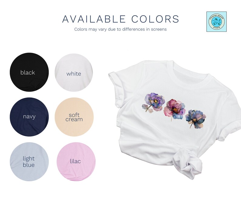 Chart that says Available Colors on top with Country Breeze Studio logo on upper right corner. Labelled circles of colors are: black, white, navy, soft cream, light blue and lilac. Laid out white tshirt shows the design of three flowers on chest area