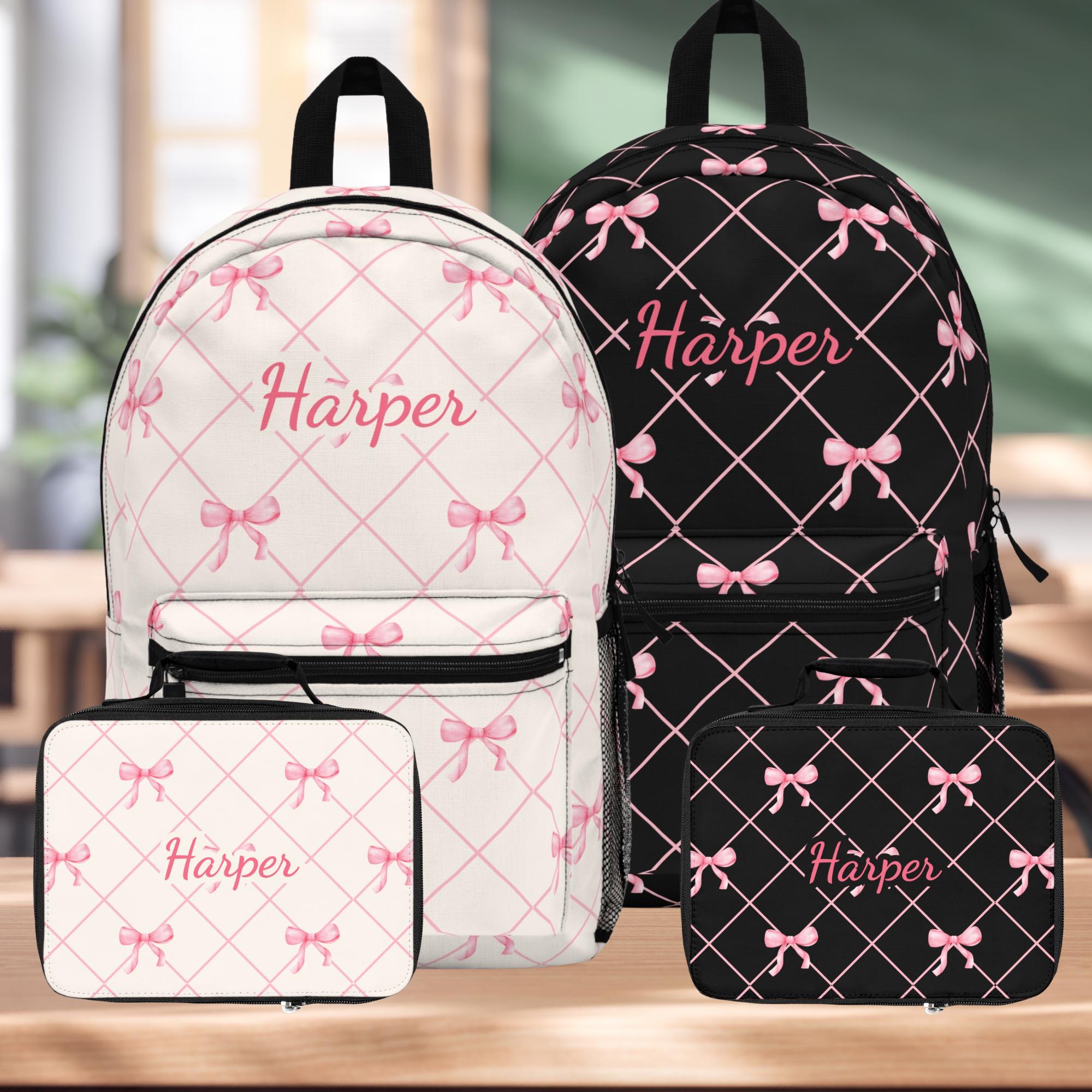 Personalized Pink Bow Backpack Lunchbox Coquette Aesthetic Design Cream Student Backpack Light Weight Mesh Back Strap Adjust School Set
