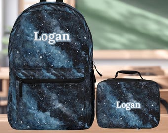 Personalized Space Backpack Lunchbox Matching Set Laptop Compartment Storage Space Themed Bag For Teen Travel Pack Blue Galaxy Star Pattern