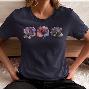 Perfect Present Nature Lover Gift Bohemian Flower Tshirt Watercolor Design Botanical Artwork Cottagecore Aesthetic Feminine Fashion Trendy Apparel Garden Inspired Nature Theme Beautiful Illustration Delicate Blooms Purple Blue Accents Gold