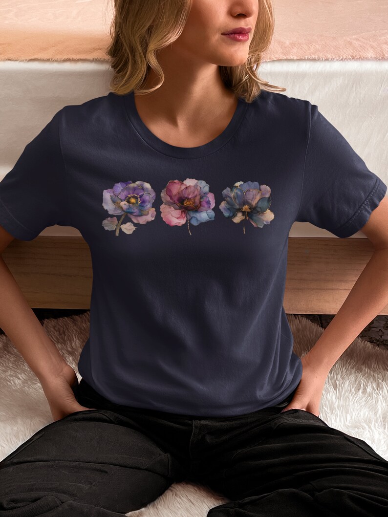 Perfect Present Nature Lover Gift Bohemian Flower Tshirt Watercolor Design Botanical Artwork Cottagecore Aesthetic Feminine Fashion Trendy Apparel Garden Inspired Nature Theme Beautiful Illustration Delicate Blooms Purple Blue Accents Gold