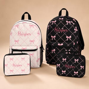 Personalized Pink Bow Backpack Lunchbox Coquette Aesthetic Design Cream Student Backpack Light Weight Mesh Back Strap Adjust School Set
