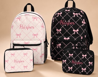 Personalized Pink Bow Backpack Lunchbox Coquette Aesthetic Design Cream Student Backpack Light Weight Mesh Back Strap Adjust School Set