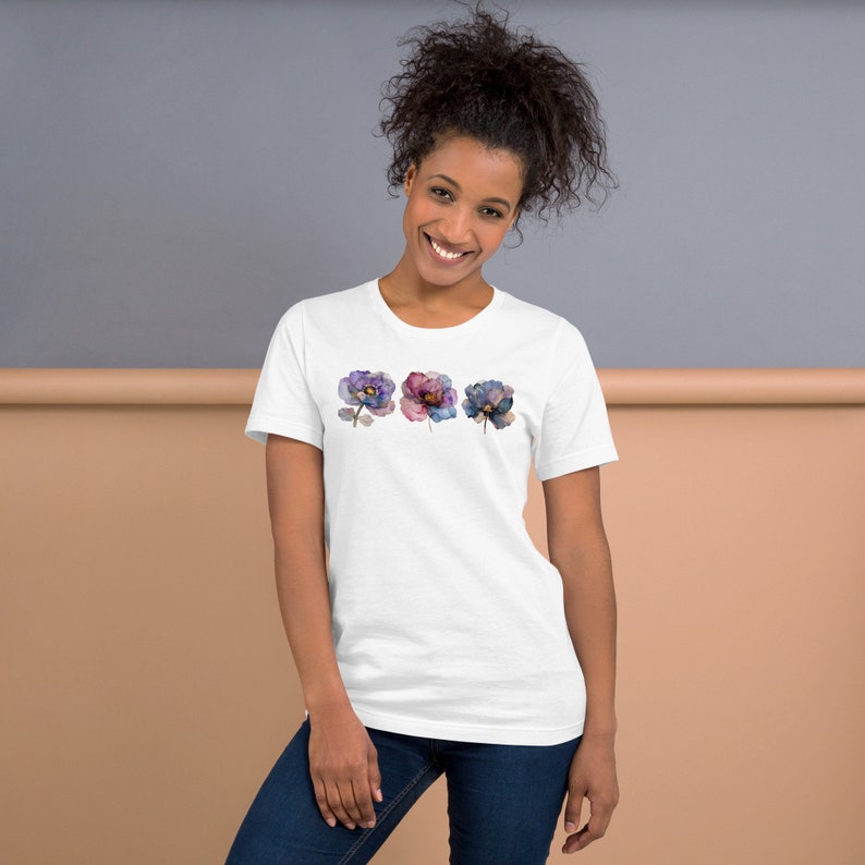 Cottagecore Aesthetic Feminine Fashion Bohemian Flower Tshirt Watercolor Design Beautiful Illustration Delicate Blooms Purple Blue Accents Gold Detail Garden Inspired Nature Theme Trendy Apparel Comfortable Cotton Fabric Everyday Wear