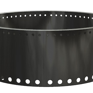 May include: A dark gray, cylindrical fire pit with a wide rim and a series of evenly spaced holes around the top and bottom. The fire pit is made of metal and has a smooth, reflective surface.