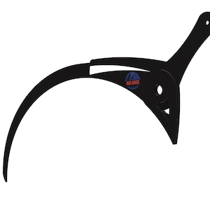 May include: A black tool with a curved blade and a handle. The tool has a circular hole and the text "MGS MAKES" in a blue and red design. The tool is designed for a specific purpose.