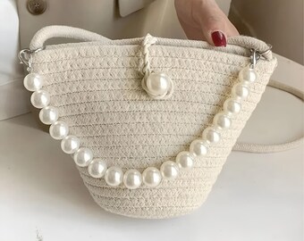 Sac à bandoulière artisanal avec perles blanches bio pour femme, sac décontracté en tricot de jute, sac en paille fait main, sac bio naturel, sac à bandoulière