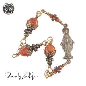 Handmade Three Hail Mary Orange Red Fire Agate & Crystal Wire-Wrapped Chaplet by Zina Marie | Bronze or Sterling Silver