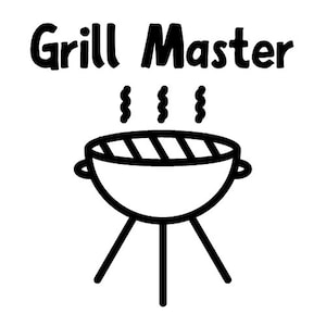 Könnte beinhalten: Schwarz-weiße Strichzeichnung eines Grills mit Rauch, der aus ihm aufsteigt. Der Text "Grill Master" befindet sich über dem Grill.