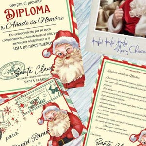 Op de afbeelding: Een verzameling vintage kerstpapier met illustraties van de kerstman. Bevat een diploma, brieven en een kaart in polaroidstijl met de tekst "Ho! Ho! Ho! Merry Christmas". Het kleurenpalet is rood, groen en crème.