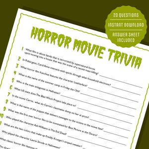 Horror Movie Trivia Questions - Printable Halloween Game, Halloween Movie Trivia Quiz, Scary Movie, Halloween Activity, Halloween Party Game