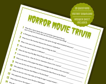 Horror Movie Trivia Questions - Printable Halloween Game, Halloween Movie Trivia Quiz, Scary Movie, Halloween Activity, Halloween Party Game