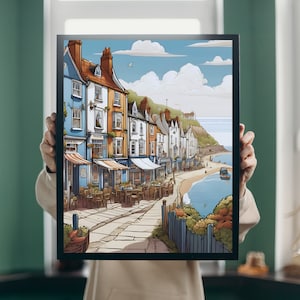 May include: A colorful illustration of a seaside town with buildings, shops, and a beach. The buildings are painted in shades of yellow, orange, and red, with white trim. The beach is sandy and has a blue ocean in the background.