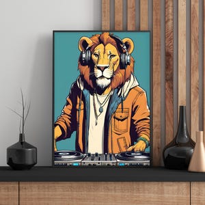 DJ Lion Print, Hipster Vibe Decor, Festival DJ Artwork, Unique Animal Art, Music Lover Gift, Colorful Wall Decor, Majestic Wall Art