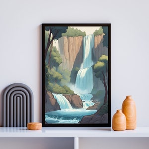Waterfall Landscape Painting Print, Landscape Sketch, Serene Wall Art, Housewarming, Home Decor Gift