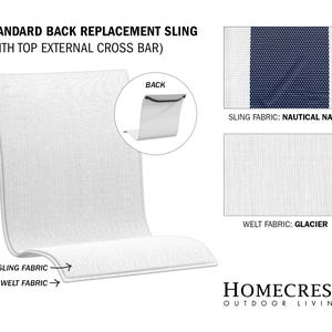 May include: Replacement sling for a standard back chair with a top external cross bar. The sling is made of white fabric with a nautical navy stripe and a glacier welt. The sling is shown on a white chair.