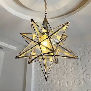 Luz de estrella colgante, lámpara de suspensión de filigrana de vidrio transparente y latón, iluminación hecha a mano, luz de techo de estrella de latón, luminaria de vidrio colgante