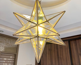 Clear Glass Light, Moravian Style Filigree Pendant Lamp, Handmade Brass Star Suspension Light, Elegant Ceiling Lighting, Décor Fixture