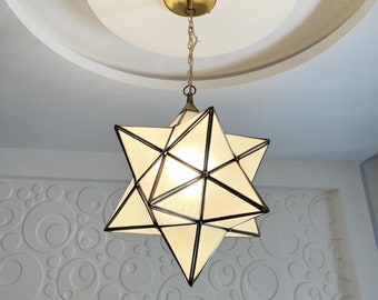 Moravian Star Lantern, Milky Glass Pendant Light, Moroccan Filigree Suspension Lamp, Handmade Brass Star Light, Ceiling Lighting Décor