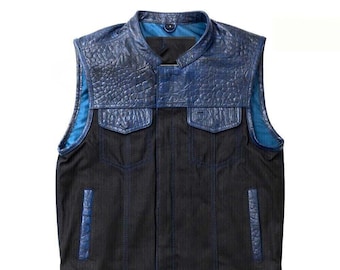 Mens Crocodile Leather Vest, Biker Vetst Denim Vest, Biker Vest, Motorcycle Vest, Genuine Leather Waistcoat
