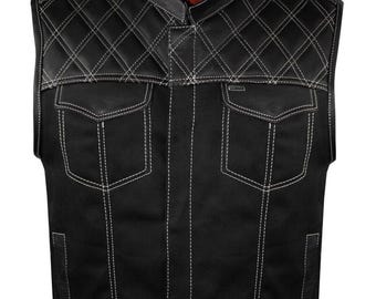 Colete de couro preto masculino para motociclista: colete de motocicleta com porta-carga oculto
