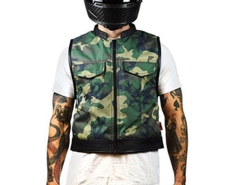 New Men's Camouflage Vest, Denim Style Club Vest, Biker Motorcyle Vest, Genuine Leather Vest