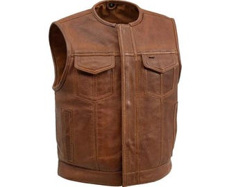 Herren Distressed Brown Rindsleder Biker Weste: Perforierte Motorradclub Weste