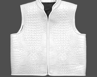 May include: White leather vest with a crocodile pattern and a zipper closure.