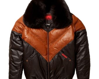 New Shiny Puffer Jacket Mens Two tone Black& Brown Goose Down Removable Fur Collar Real Soft Lambskin Leather Jacket