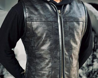 Men's Camouflage Perforated Cowhide Leather Vest: Biker Club Style