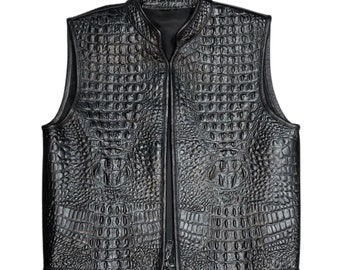 Men's Alligator Embossed Leather Vest, motorcycle Style Biker Custom Black Genuine Leather Vest