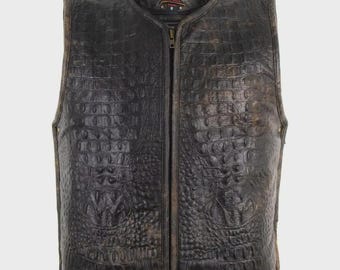 Men's Alligator Embossed Leather Vest: Vintage Biker Motorcycle Club Style