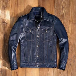New Men&#39;s Leather Jacket, Trucker Style Motorcycle Jacket Blue Real Lambskin Leather Jacket