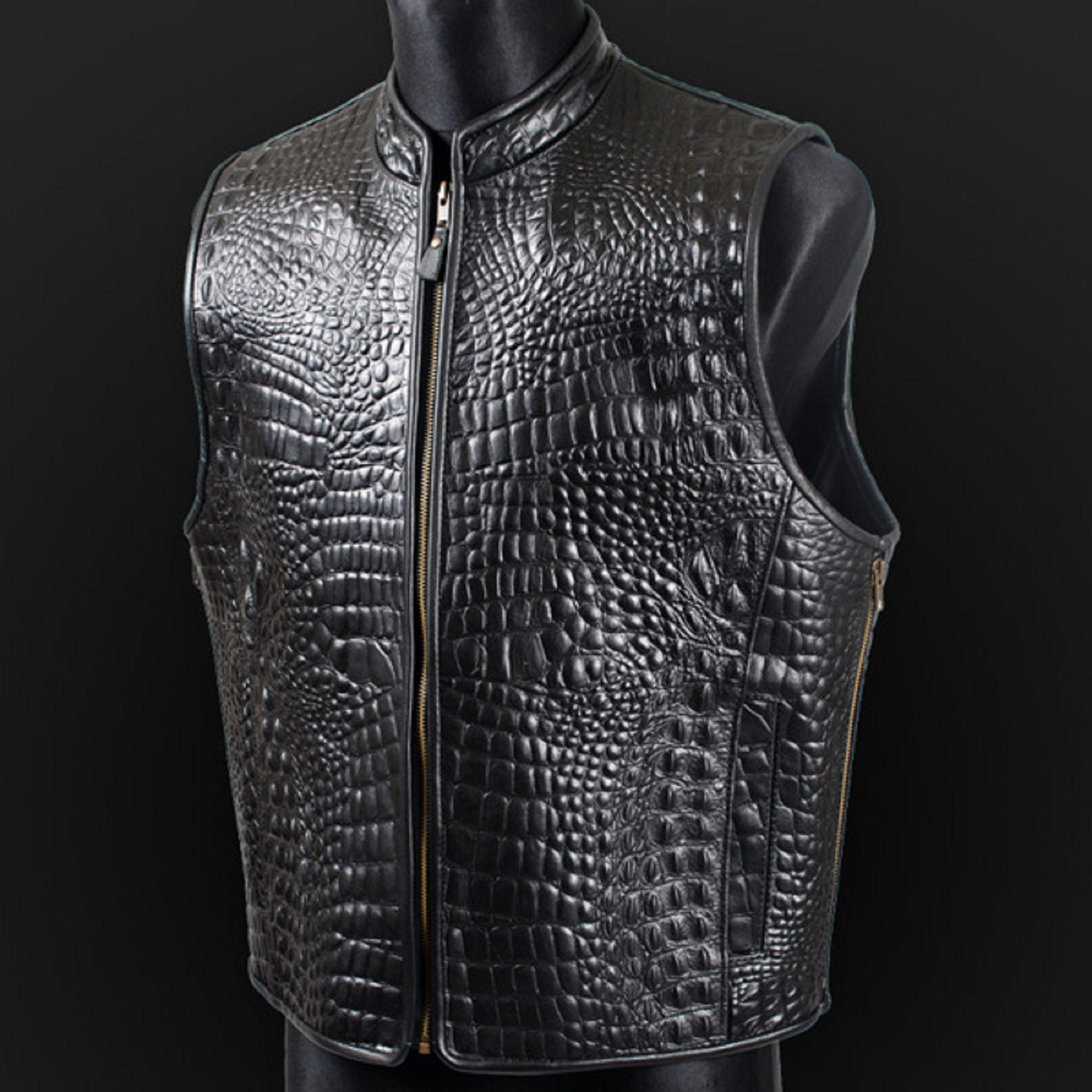 New Men's Alligator Leather Vest Embossed Black Leather Vest