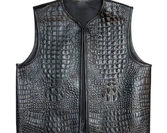 Men's Black Crocodile Leather vest, Biker vest, Custom Motorcycle Vest, Real Leather Waistcoat For Men's