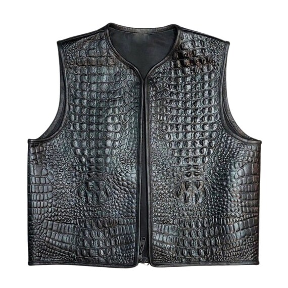 Embossed Crocodile Leather Biker Vest - Men's Motorcycle Waistcoat