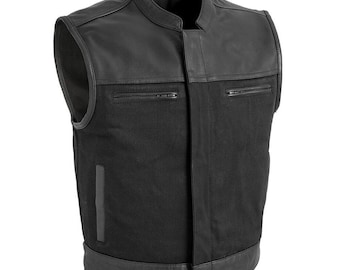 Men's Black Leather Biker Vest: Denim Trim Motorcycle Club Vest