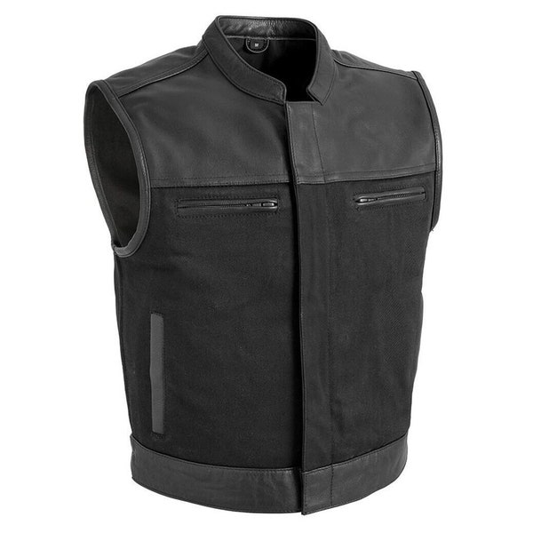 New Men's Biker Vest, Denim with Leather Trim Motorcycle Club Rider Genuine Black Leather Vest