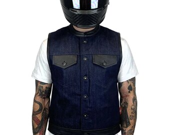 Denim bikervest heren: rundleer motorclubvest