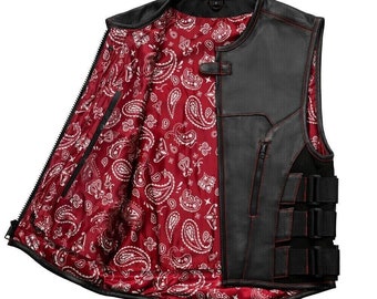 New Men's Tactical Vest, biker Vest Red Paisley Lining Vest, Motorcycle style Club Racer Genuine Cow leather Vest