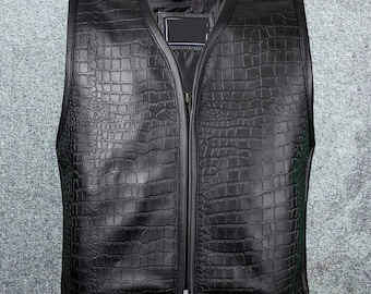 Men's Alligator Vest Biker Vest Club style Motorcycle Vest, Black Genuine Leather waistcoat