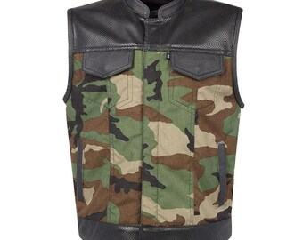 Men's Camouflage Biker Vest: Perforated Leather Motorcycle Club Vest